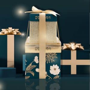 Gift boxes composition with platforms for product showcase. Winter holidays background. 3d rendering illustration.